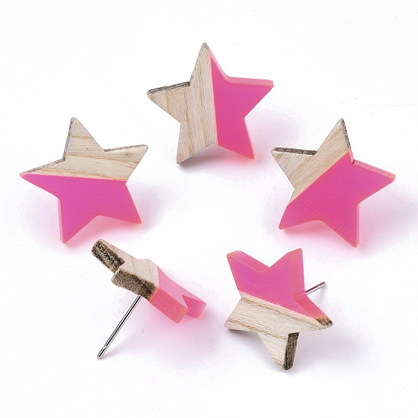 

PandaHall Transparent Resin & Wood Stud Earrings, with 304 Stainless Steel Pin, Star, Deep Pink, 17x18mm, Pin: 0.7mm Resin Star Pink