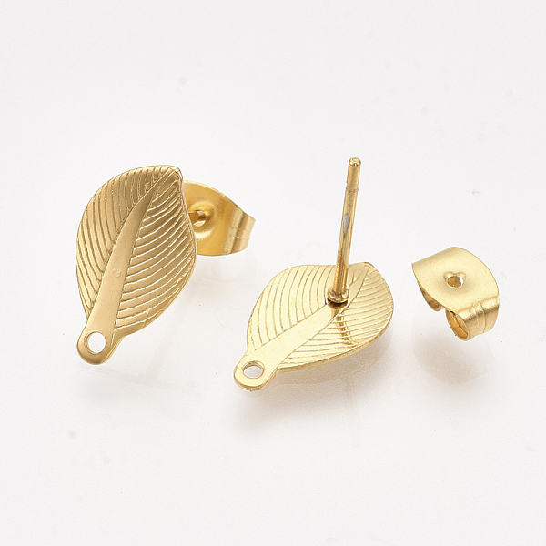 

PandaHall 304 Stainless Steel Stud Earring Findings, with Loop and Ear Nuts/Earring Backs, Leaf, Real Gold Plated, 13.5x8mm, Hole: 1mm, Pin...