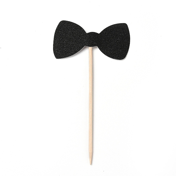 PandaHall Paper Bow Tie Cake Insert Card Decoration, with Bamboo Stick, for Birthday Cake Decoration, Black, 113mm, 6pcs/Set Paper Black