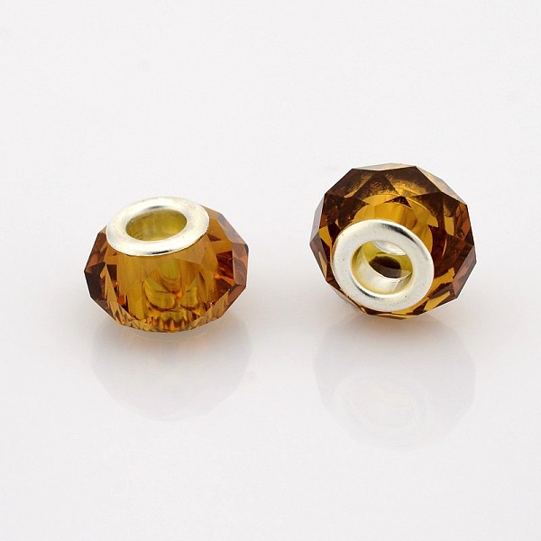 

PandaHall Faceted Glass European Beads, Large Hole Rondelle Beads, with Silver Tone Brass Cores, Saddle Brown, 14x9mm, Hole: 5mm Glass+Brass...