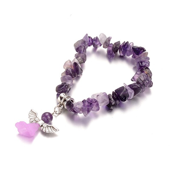 

PandaHall Natural Amethyst Kids Bracelets, with Acrylic Bead and Antique Silver Alloy Findings, Lovely Wedding Dress Angel Dangle, 39mm..., Purple