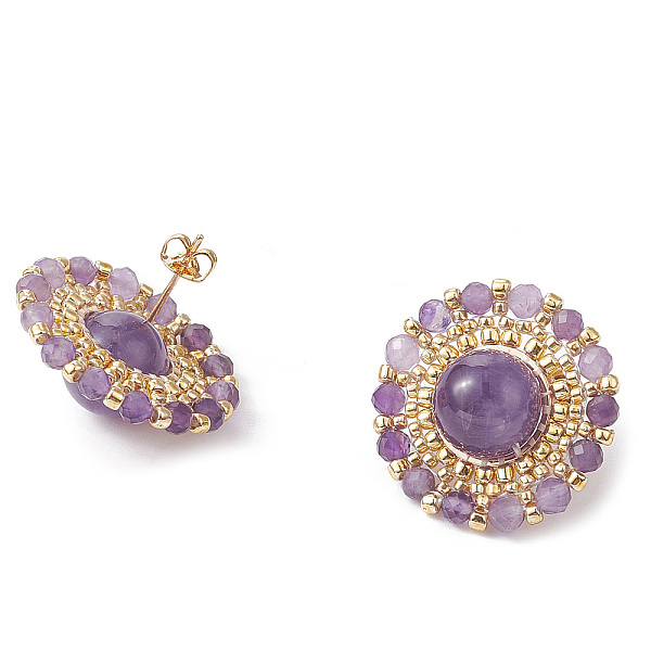 

PandaHall Natural Amethyst & Seed Braided Flower Stud Earrings, 24mm Amethyst Flower