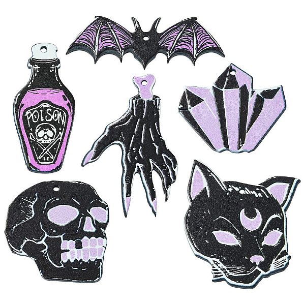 PandaHall 12Pcs 6 Styles Halloween Acrylic Pendants, for DIY Earring Findings, Hand Skeleton & Skull & Bat, Black, 17.5~47x19.5~36x2~2.5mm