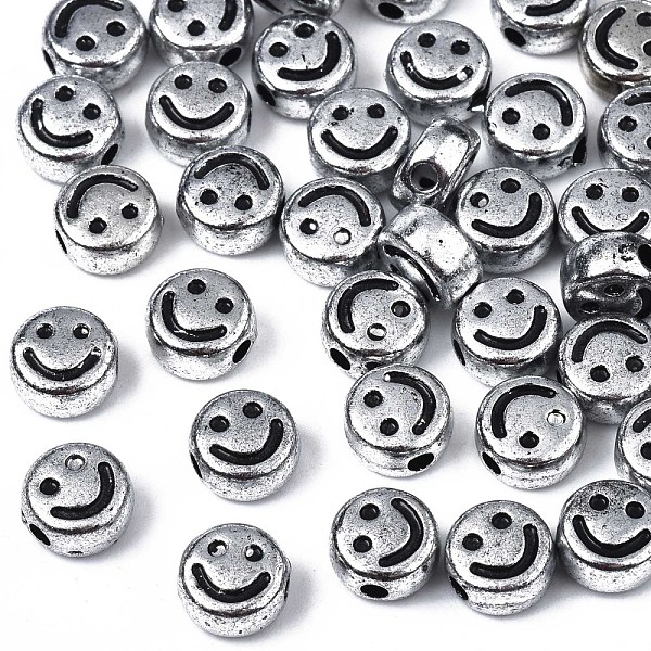 

PandaHall Acrylic Beads, Flat Round with Black Smiling Face, Silver Plated, 7x4mm, Hole: 1.8mm, about 3600~3700pcs/500g Acrylic Flat Round