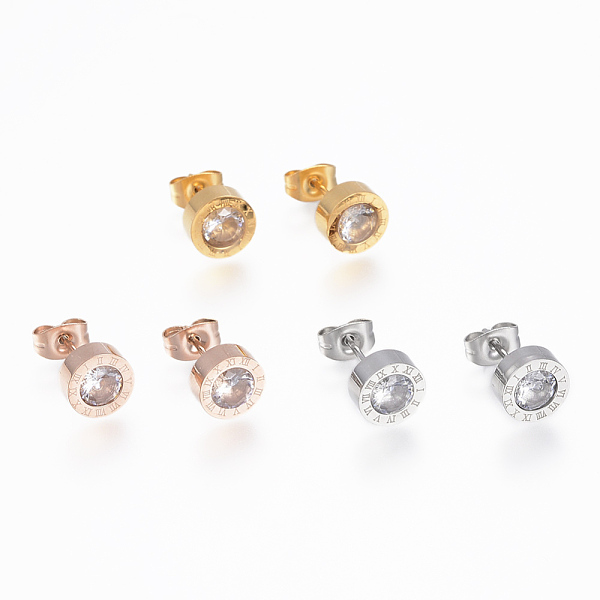 

PandaHall 304 Stainless Steel Stud Earrings, with Cubic Zirconia, Flat Round Carved Roman Numberals, Mixed Color, 8x3.5mm, Pin: 0.8mm Cubic...