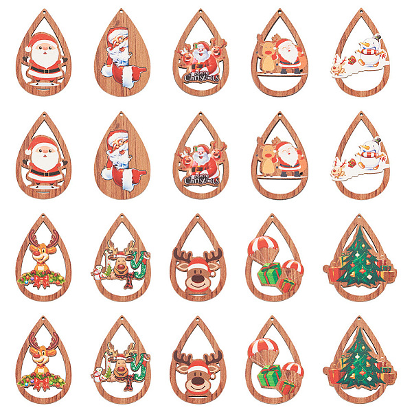 

PandaHall 20Pcs 10 Styles Christmas Theme Wood Big Pendants, Single Face Printed Teardrop Charms, Teardrop, 54~55x34~44.5x2.5~3mm, Hole...