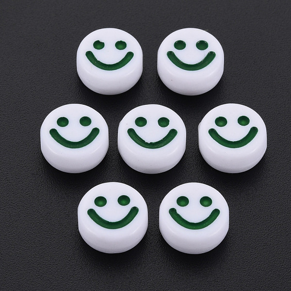 

PandaHall Opaque Acrylic Beads, with Enamel, Flat Round with Smile Face, Dark Green, 10x5mm, Hole: 2mm, about 1450pcs/500g Acrylic Flat...