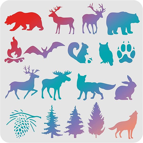 PandaHall FINGERINSPIRE Animal Stencils Template 11.8x11.8inch Plastic Forest Animals Drawing Painting Stencils Bear, Deer, Wolf, Pine...