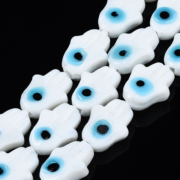 

PandaHall Handmade Evil Eye Lampwork Beads Strands, Hamsa Hand, White, 14x10x4mm, Hole: 1mm, about 28pcs/strand, 14.65~14.96 inch(37.2~38cm)...