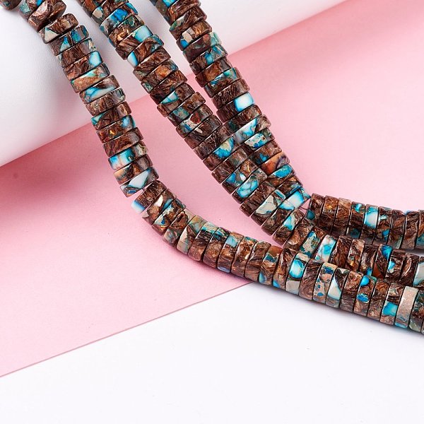 

PandaHall Assembled Synthetic Bronzite and Imperial Jasper Beads Strands, Dyed, Heishi Beads, Flat Round/Disc, Deep Sky Blue, 8x3mm, Hole...