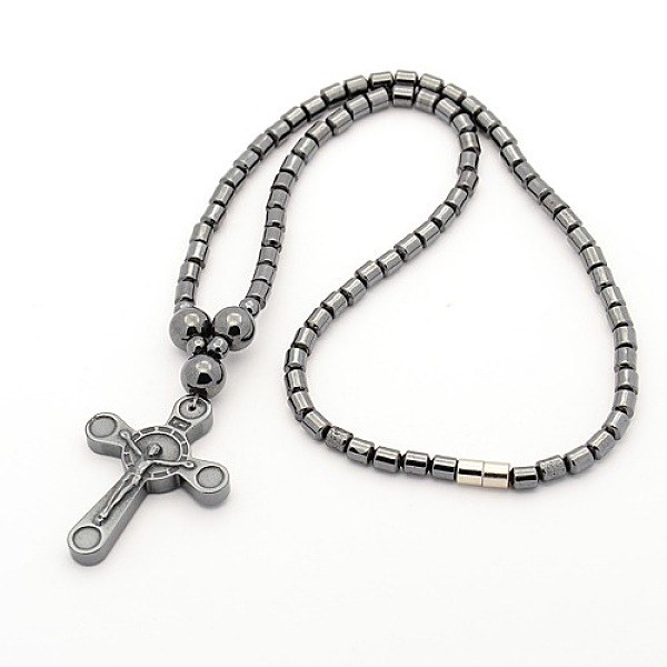 PandaHall Trendy Men's Non-Magnetic Synthetic Hematite Beaded Necklaces, Magnetic Crucifix Cross Pendant Necklaces for Easter, with Brass...