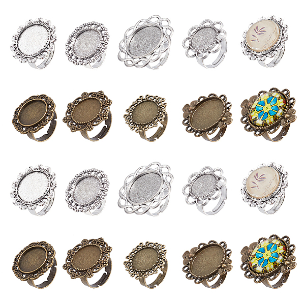 

PandaHall 32Pcs 8 Style Vintage Adjustable Iron Flower Finger Ring Components with Alloy Cabochon Bezel Settings, Mixed Color, Tray...