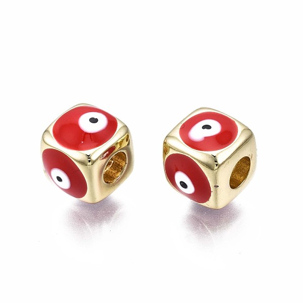 

PandaHall Brass European Beads, with Enamel, Large Hole Beads, Real 18K Gold Plated, Nickel Free, Cube with Evil Eye, Red, 9x10x10mm, Hole...