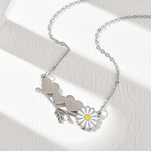304 Stainless Steel Enamel White Daisy Flower and Heart Pendant Cable Chain Necklaces for Women