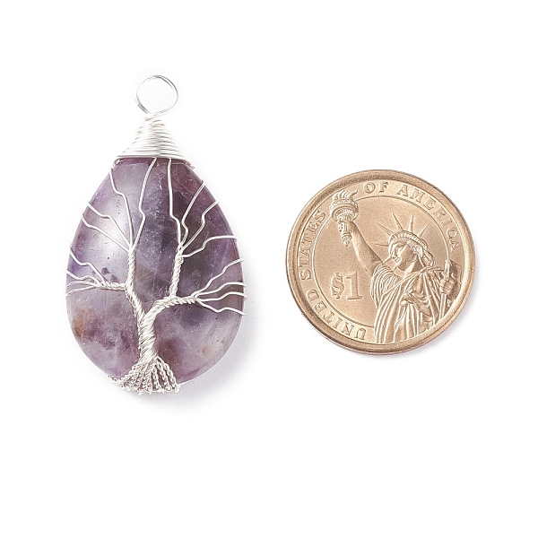 

PandaHall Natural Amethyst Pendants, with Silver Tone Copper Wire Wrapped Tree, Teardrop, 46x26x12mm, Hole: 5mm Amethyst Teardrop