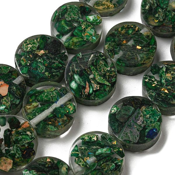 

PandaHall Dyed Natural Imperial Jasper with Resin Beads Strands, Flat Round, Dark Green, 16x5.5~7mm, Hole: 1.2mm, about 11pcs/strand, 6.93...