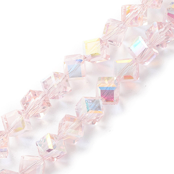 

PandaHall Electroplate Transparent Glass Beads Strands, AB Color Plated, Faceted, Cube, Pink, 9x9.5x9.5mm, Hole: 1.4mm, about 72pcs/strand...