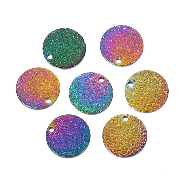 

PandaHall Ion Plating(IP) 304 Stainless Steel Charms, Textured, Laser Cut, Flat Round, Rainbow Color, 15x1.6mm, Hole: 1mm 304 Stainless...