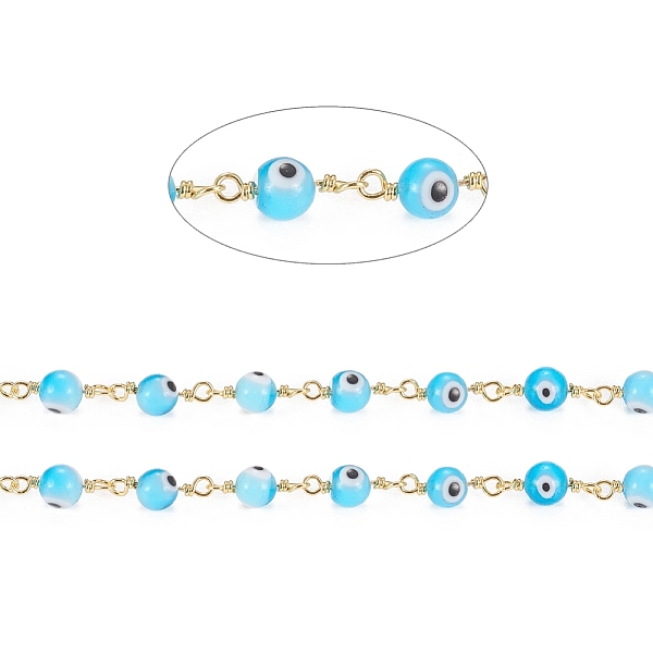 

PandaHall Handmade Evil Eye Lampwork Round Beaded Chains, with Brass Findings, Unwelded, Spool, Long-Lasting Plated, Golden, Cyan...