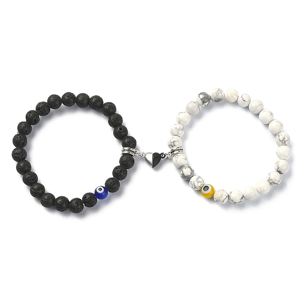 

PandaHall 2Pcs 2 Style Natural Lava Rock & Howlite Round Beaded Stretch Bracelets Set, Evil Eye Match Couple Bracelets with Alloy Magnetic..., Black