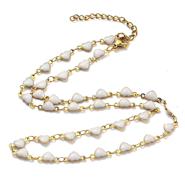 PandaHall Ion Plating(IP) Golden 304 Stainless Steel Heart Link Chain Necklaces, with Enamel, White, 17.72~17.91 inch(45~45.5cm) 304...