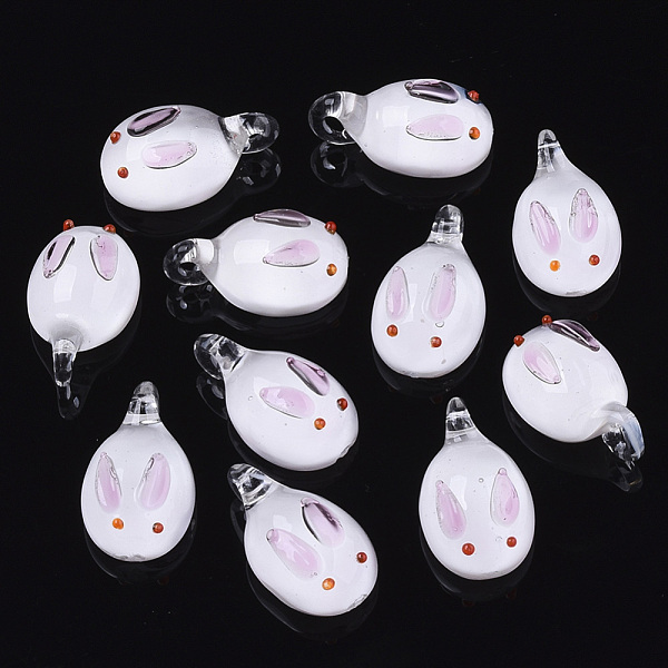 

PandaHall Handmade Lampwork Pendants, Rabbit, Pearl Pink, 20~22.5x11~12.5x7.5~9mm, Hole: 1.5~3mm Lampwork Rabbit
