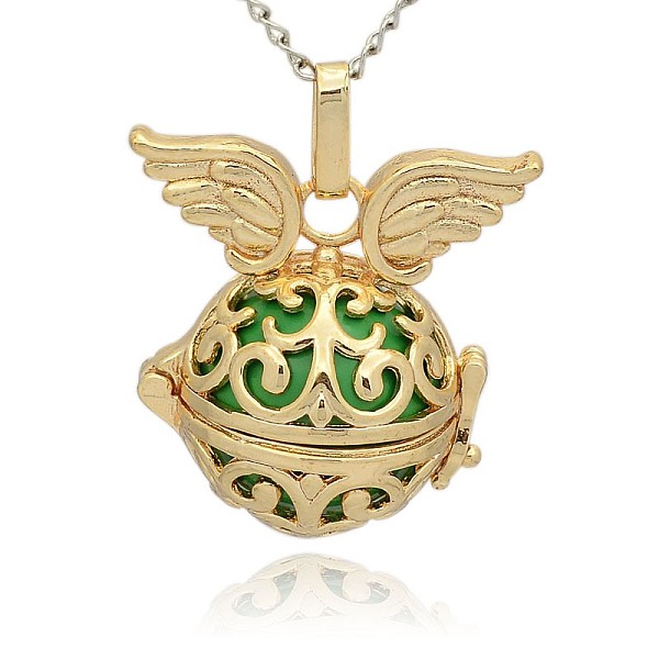 

PandaHall Golden Tone Brass Hollow Round Cage Pendants, with No Hole Spray Painted Brass Round Ball Beads, Round with Wing, Lime Green...