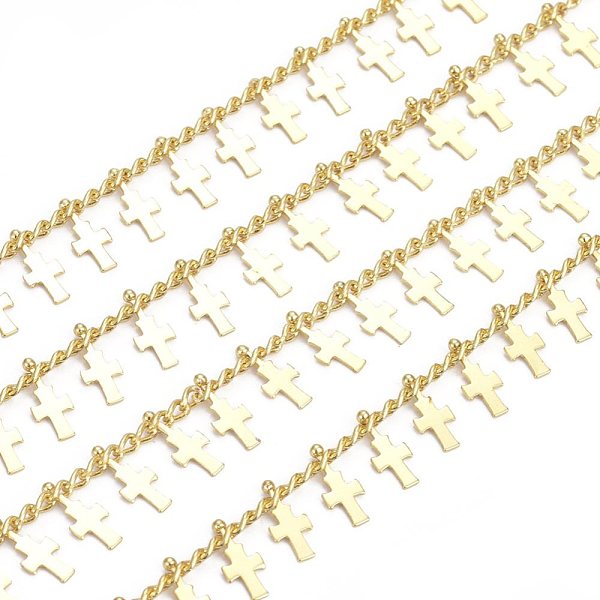 

PandaHall Handmade Brass Curb Chains, with Cross Charms and Spool, Soldered, Long-Lasting Plated, Real 18K Gold Plated, Link: 3x2x1mm, Cross...