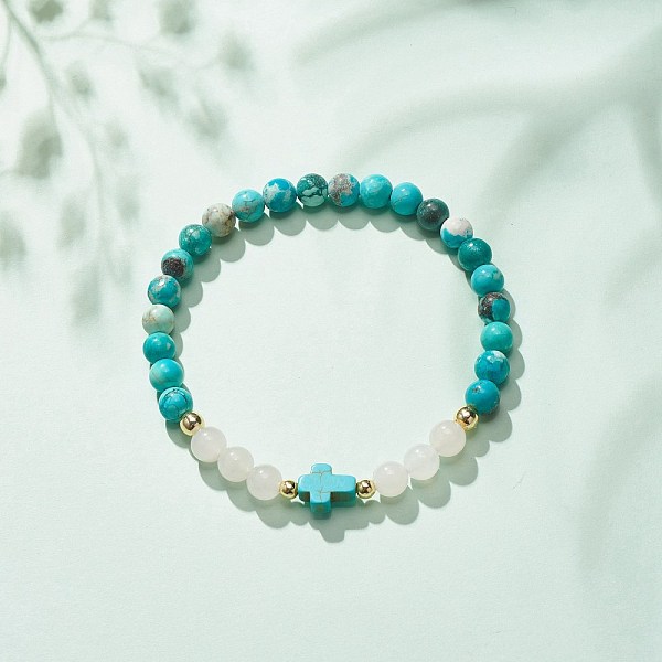

PandaHall Synthetic Turquoise(Dyed) & Hematite & Natural White Jade Beaded Stretch Bracelet with Cross, Gemstone Jewelry for Women..., Green