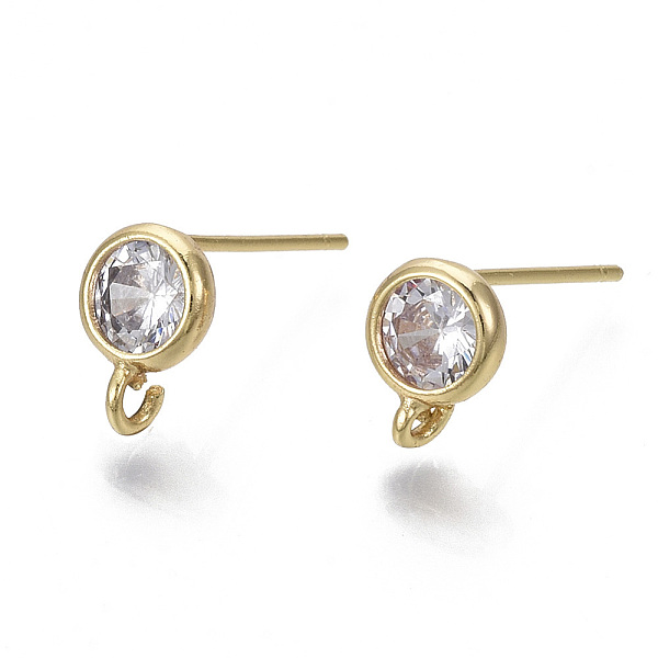 

PandaHall Brass Micro Clear Cubic Zirconia Stud Earring Findings, with Loop, Nickel Free, Flat Round, Real 18K Gold Plated, 8x6mm, Hole...