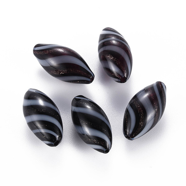 

PandaHall Opaque Handmade Blown Glass Globe Beads, with Glitter Powder, Stripe Pattern, Rice, Black, 25~27x12~13mm, Hole: 1~2mm Glass Rice...