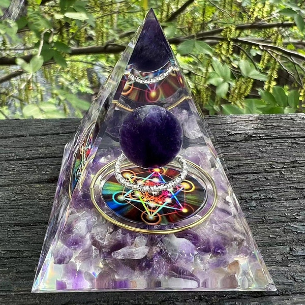 

PandaHall Resin Display Decoration, with Natural Amethyst, with Random Color Brass Finding, for Home Decoration, Pyramid, 60x60x60mm...