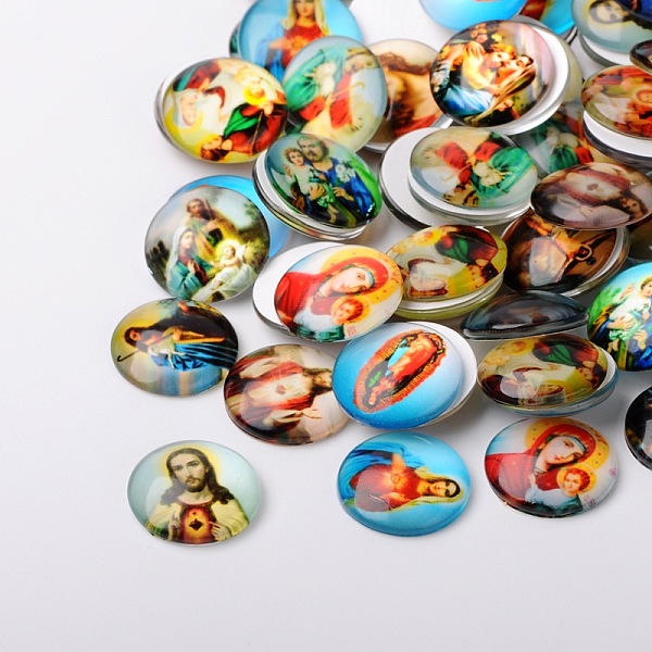 

PandaHall Jesus and the Virgin Printed Glass Half Round/Dome Cabochons, Mixed Color, 14x5mm Glass Half Round Multicolor