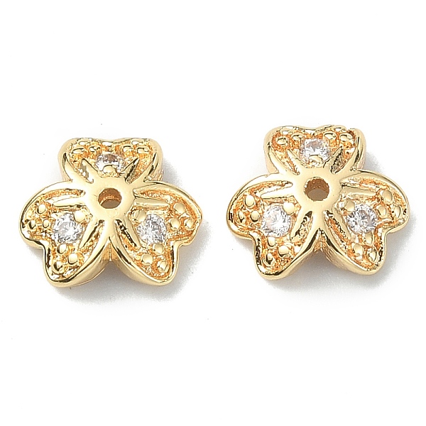 

PandaHall Brass Pave Clear Cubic Zirconia Bead Caps, 3-Petal, Flower, Real 18K Gold Plated, 8x8x2.5mm, Hole: 1mm Brass+Cubic Zirconia Clear