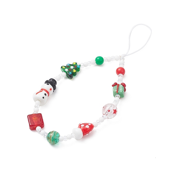 

PandaHall Christmas Handmade Lampwork Mobile Straps, with Acrylic & Glass Beads, Nylon Thread Mobile Accessories Decoration..., White