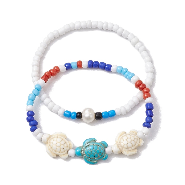 

PandaHall Summer Beach Turtle Synthetic Turquoise & Pearl Bracelet Sets, 4mm Round Glass Seed Beaded Stackable Stretch Bracelets for Women...