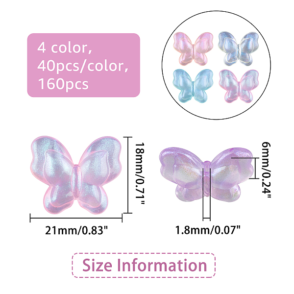 

PandaHall SUPERFINDINGS 160Pcs 4 Colors Butterfly Acrylic Beads Candy Lovely Colorful Kawaii Bead Charms 18x21mm Pastel Frosted Spacer Beads..., Multicolor