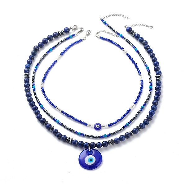 

PandaHall 3Pcs 3 Style Lampwork Evil Eye Pendant Necklaces Set, Natural Lapis Lazuli & Glass Seed Beaded Stackable Necklaces for Women, Blue...