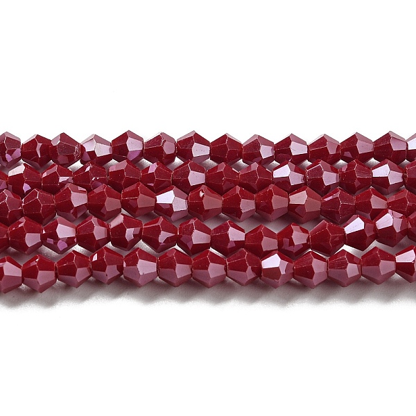 

PandaHall Opaque Solid Color Electroplate Glass Beads Strands, Pearl Luster Plated, Faceted, Bicone, Dark Red, 4x4mm, Hole: 0.8mm, about...
