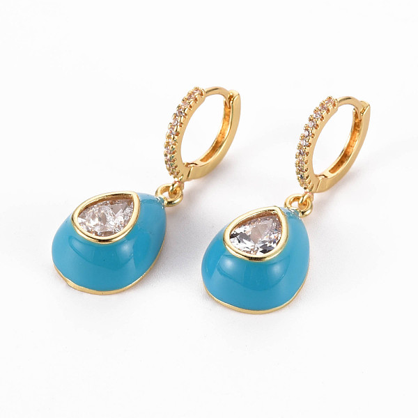 

PandaHall Brass Micro Pave Clear Cubic Zirconia Huggie Hoop Earrings, with Enamel, Nickel Free, Teardrop, Golden, Deep Sky Blue, 33mm, Pin...