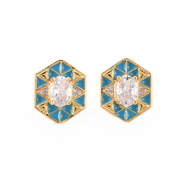 

PandaHall Brass Micro Pave Clear Cubic Zirconia Stud Earrings, with Enamel and Ear Nuts, Hexagon, Cadmium Free & Nickel Free & Lead Free...
