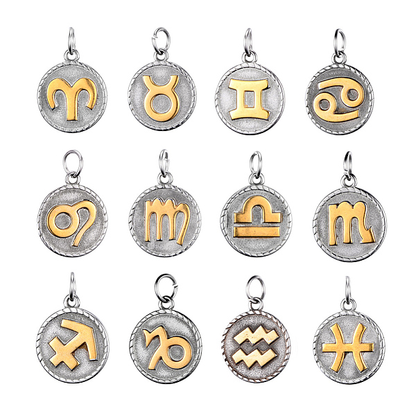 

PandaHall 316 Surgical Stainless Steel Pendants, Flat Round with Horoscope/Twelve Constellation/Zodiac Sign, Golden & Stainless Steel Color...