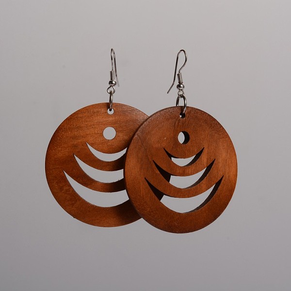 

PandaHall Flat Round Hollow Wood Dangle Earrings, with Platinum Plated Iron Earring Hooks, Saddle Brown, 70x49mm, Pin: 0.8mm Wood Brown