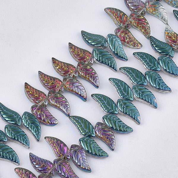 

PandaHall Electroplate Glass Beads Strands, Leaf, Colorful, 18x8x5mm, Hole: 0.8mm, about 100pcs/strand, 24.4 inch Glass Leaf