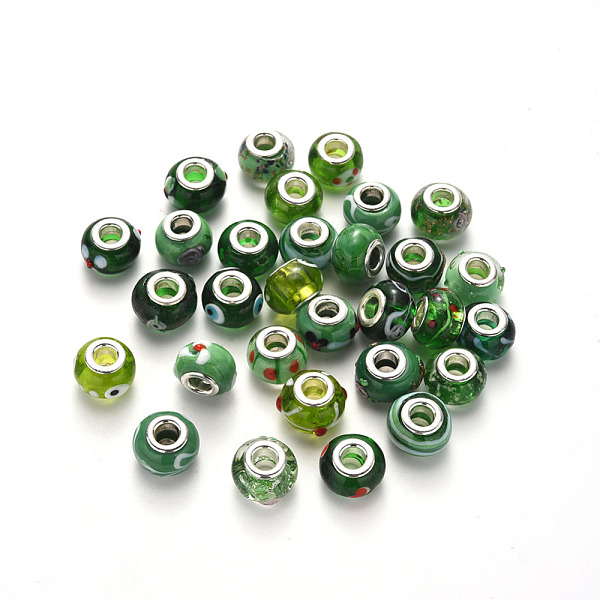 

PandaHall Handmade Lampwork European Beads, Large Hole Rondelle Beads, with Platinum Tone Brass Double Cores, Mix Pattern, Green...