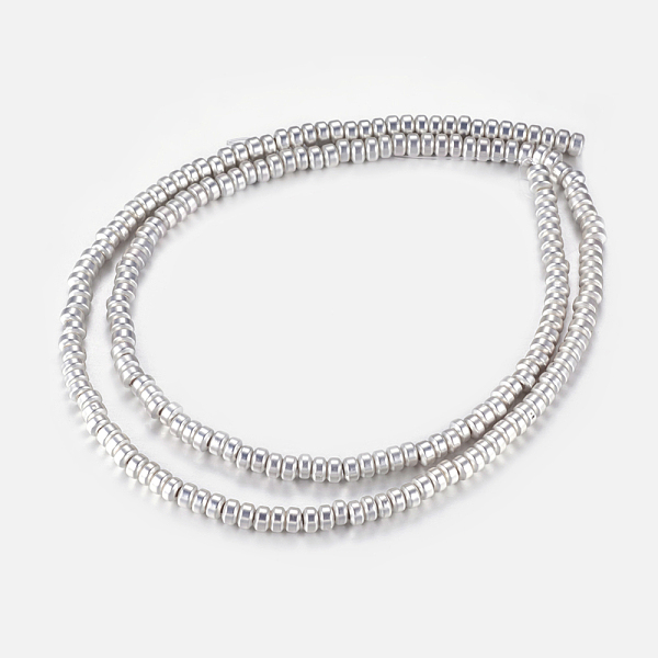 

PandaHall Non-magnetic Synthetic Hematite Beads Strands, Frosted, Rondelle, Silver Plated, 3x2mm, Hole: 1mm, about 206pcs/strand, 16.1 inch...