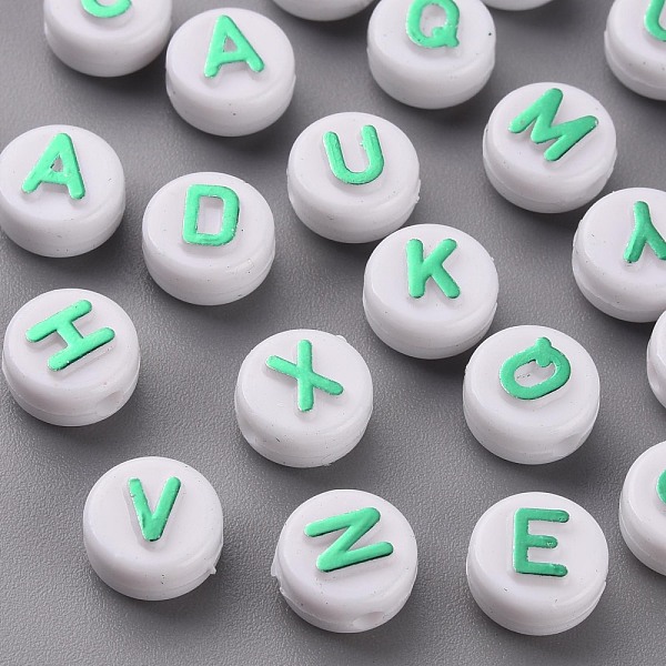 

PandaHall Opaque White Acrylic Beads, with Glitter Powder, Horizontal Hole, Flat Round with Random Letters, Medium Sea Green, 10x6mm, Hole...