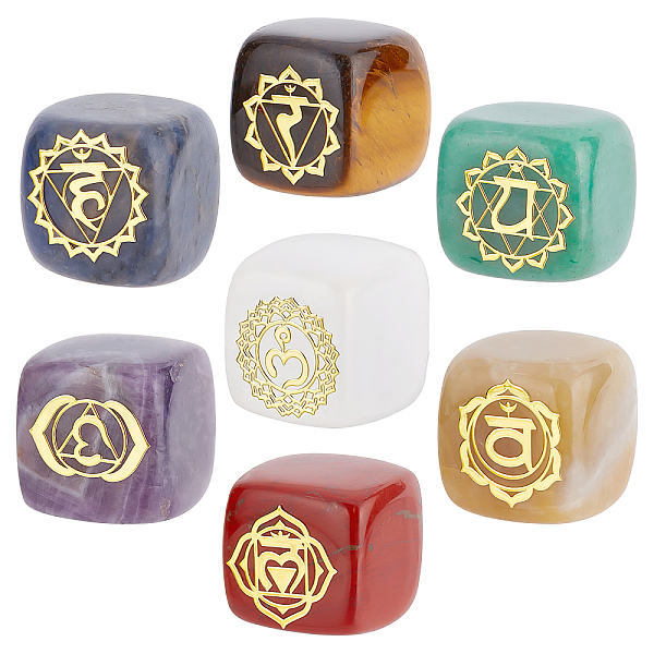PandaHall Beebeecraft 7Pcs 7 Colors Chakra Stones Natural Crystals Cube Square Gemstones Gold Plated Brass Chakra Pattern Slices for Window...