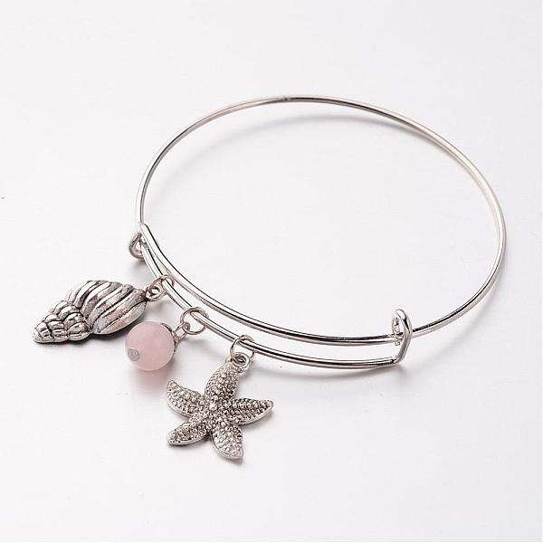 

PandaHall Adjustable Iron Charm Bangles, with Rose Quartz Round Beads and Alloy Pendants, Starfish/Sea Stars & Whelk, 67mm Rose Quartz