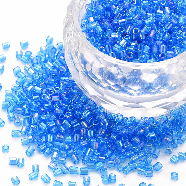 

PandaHall Glass Bugle Beads, Transparent Colours Rainbow, Dodger Blue, 2.5~3x2mm, Hole: 0.9mm, about 15000pcs/pound Glass